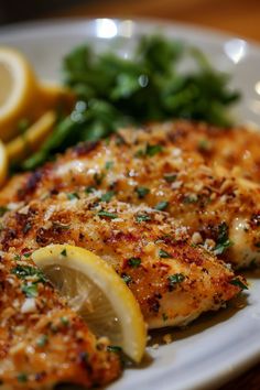 a white plate topped with chicken and lemon slices