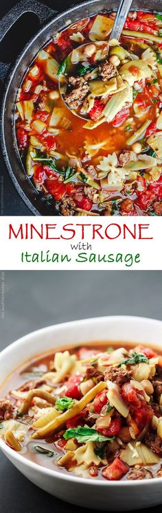 two pictures showing different types of pasta and meat in a skillet with the title, minestrone italian sausage