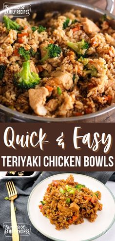 quick and easy teriyaki chicken bowls with broccoli, carrots, and rice