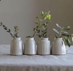 three white vases with green plants in them on a tableclothed cloth covered surface