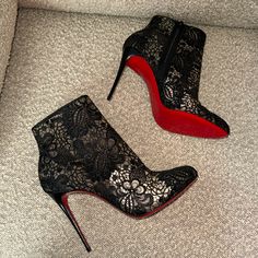 Like New. Christian Louboutin Lace Embellished Bootie. 100mm. Size 42 (Fits A Us 10). Black Lace Embellishment Details. Perfect For A Night Out With Pants Or A Dress. Impossible To Find! I’ve Been Collecting Her For Years. Never Worn! Elegant Embellished Black Boots, Elegant High Heel Boots For Wedding, Elegant High Heel Wedding Boots, Elegant Wedding Boots Embellished, Elegant Embellished Wedding Boots, Elegant High Heel Boots With Red Sole, Glamorous Evening Boots With 4-inch Heel, Elegant Embellished Pointed Toe Boots, Elegant Embellished Almond Toe Boots