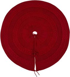 a red round rug with a knot on the end and an attached cord to it