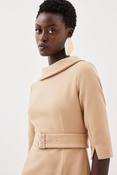 Embodying A Timeless Aesthetic, This Dress Is Crafted With Signature Structured Crepe Fabric For A Premium Feel. Three-Quarter Sleeves And A Folded Neckline Add Classic Appeal, While A Buckle Belt Subtly Cinches The Waist.Structured Crepe Fabricbuckle Beltmidi Hemlinethree-Quarter Sleeves Pencil Midi Dress, Petite Midi Dress, Midi Pencil Dress, Belted Midi Dress, Timeless Aesthetic, Tailored Dress, Bodycon Fashion, Small Frame, Buckle Belt