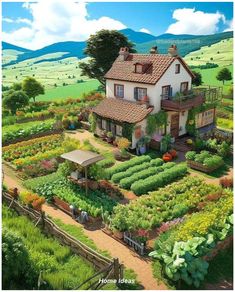 an artist's rendering of a house surrounded by flowers and vegetables in a garden