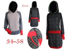 women's hooded sweatshirt dress with hoodie pattern and red trimming on the bottom