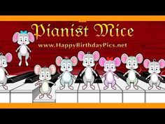 a group of mouses are playing the piano for a happy birthday postcard design