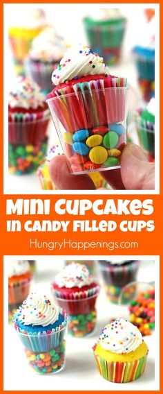 mini cupcakes in candy filled cups with the title overlay that reads, how to make mini cupcakes in candy filled cups