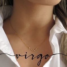 "Celebrate your inner Virgo with this CZ constellation necklace! Virgo dates are August 23 - September 22. Shop more zodiac & birthstone gifts » https://www.etsy.com/shop/LandonLacey?ref=seller-platform-mcnav&section_id=24978022 Love LLJ? Sign up for my newsletter for exclusive updates and deals! » www.eepurl.com/cwyDmn it's in the DETAILS . . . » 14k gold filled chain » Gold plated zodiac charm » Cubic zirconia » The model is wearing this necklace at 15\". Please note that she is petite! 15\" w Gold Virgo Necklace, Virgo Pendant, Virgo Jewelry, Virgo Gifts, Virgo Necklace, Diamond Pendent, Necklace Extender, Constellation Necklace, Virgo Zodiac