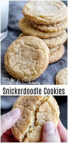 a person holding a cookie in their hand and another photo with the words, soft & chewy snickkerdoodle cookies