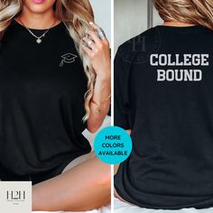 Celebrate the family and student's achievements with this College Bound shirt.  The unisex soft-style t-shirt puts a new spin on casual comfort. Made from very soft materials, this tee is 100% cotton for solid colors. Heather colors and sports grey include polyester. The shoulders have twill tape for improved durability. There are no side seams. The collar is made with ribbed knitting to prevent curling damage.  ✓ 100% ring-spun cotton (fiber content may vary for different colors) ✓ Light fabric (4.5 oz/yd² (153 g/m ✓ Eurofit ✓ Tear-away label ✓ Runs true to size Care Instructions: 📢 Do not bleach 📢 Tumble dry: low heat 📢 Iron, steam or dry: low heat 📢 Machine wash: warm (max 40C or 105F) 📢 Do not dry clean. Shipping & Processing 📦 Processing Time: 1-7 business days 📦 Shipping Time: Cheap College Jersey T-shirt, Gift For Graduate, Student Shirt, Monday December, Student Achievement, College Shirts, Graduation Shirts, College Student, Christmas 2024