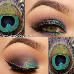 I luv the look. Might even do it for our wedding renewal. I wonder if it will work as well with dk brown eyes? Colored Eye Makeup For Brown Eyes, Peacock Eye Makeup, Carnaval Make-up, Peacock Eyes, Budget Makeup, Eyeshadow Ideas, Competition Hair, Video Makeup, Prom Outfit