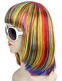 a wig with multi colored hair and sunglasses