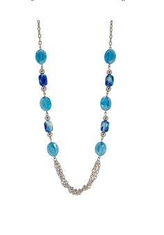 Long silver swag chain necklace designed with oval aqua blue glass beads, blue acrylic marblized finish beads, and polished silver tone beads.  A nice long necklace that can work on any outfit for any special occasion.   Finish ~ Silver plated with a rhodium plating. Length ~ Approximately 30 1/2 long Elegant Blue Beaded Chain Necklace, Blue Glass Beaded Chain Jewelry, Blue Beaded Necklaces With Chain, Blue Oval Faceted Bead Jewelry, Blue Silver Chain Necklace As Gift, Blue Beaded Chain Necklace, Elegant Blue Beaded Necklaces With Chain, Blue Oval Beads Necklace With Beaded Chain, Blue Glass Necklaces With Adjustable Chain