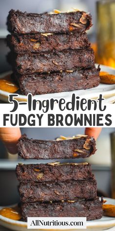 chocolate fudge brownies stacked on top of each other with text overlay that reads 5 ingredient fudge brownies