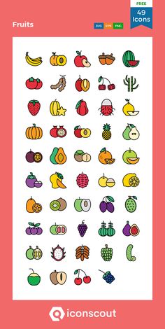 an image of fruits and vegetables on a pink background with the words fruit icons below it