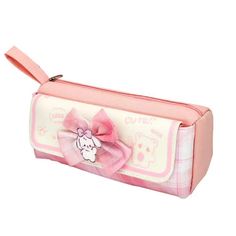 a pink pencil case with a hello kitty bow on the front and bottom part of it