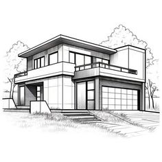 this is a black and white drawing of a modern house with lots of windows on the second floor