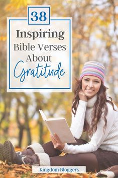 a woman sitting on the ground holding a book and looking at it with text overlaying