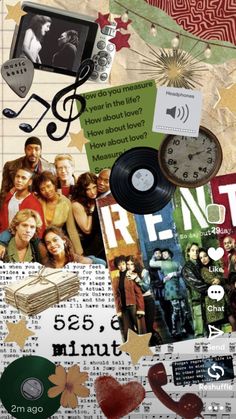 the collage has many different things on it, including an old record player and other items