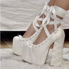 Viral Ballerina Heels From Sugarthrillz Brand New Still In Packaging Out Of Stock On Dollskill. Size 5.5 I’m 99% Sure They Won’t Fit Me. In Ivory White. Pretty Heels, Ballerina Heels, Dr Shoes, Fashion Shoes Heels, Cute Shoes Heels, Kawaii Shoes, Fancy Shoes, Cute Heels, Girly Shoes