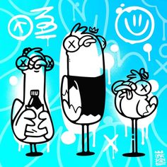 three cartoon characters standing next to each other in front of a blue background with graffiti