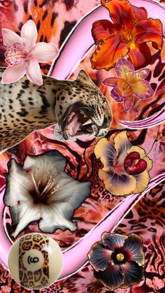 an animal is surrounded by flowers and other things