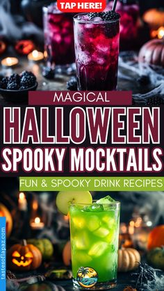 halloween spooky cocktails with text that reads, magical halloween spooky cocktails fun and spooky drink recipes