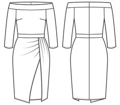 the front and back views of an off shoulder dress, with one side split open