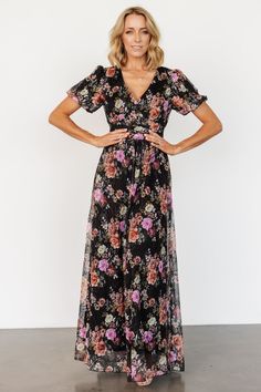 Ardley Maxi Dress | Black Multi Floral - Baltic Born Feminine Black Maxi Dress With Floral Print, Flowy Black Maxi Dress In Feminine Style, Black Flowy Feminine Maxi Dress, Black Floral Print Short Sleeve Maxi Dress, Black Short Sleeve Maxi Dress With Floral Print, Black V-neck Maxi Dress In Feminine Style, Black V-neck Maxi Dress, Feminine Style, Black V-neck Feminine Maxi Dress, Black Feminine V-neck Maxi Dress