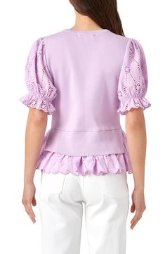 Embroidered eyelet decorates the puff sleeves and peplum of this charming mixed-media rib top. Crewneck Elbow-length sleeves 86% viscose, 14% nylon with 100% cotton contrast Hand wash, dry flat Imported Purple Cotton Top With Buttons, Purple Cotton Collared Top, Purple Puff Sleeve Cotton Top, Feminine V-neck Tops With Smocked Cuffs, Feminine V-neck Puff Sleeve Top With Gathered Sleeves, Lavender Tops, Rib Top, Lavender Color, Accessories Store