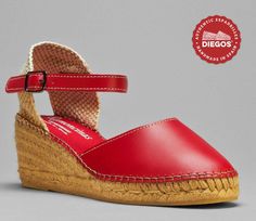 "Diegos - Red leather Carmen espadrilles with high wedge heel Wedge sole height : 2.5\" (6 cm) Classic red leather high wedge Carmen espadrilles have an easy clip-on ankle-strap. The rope sole has been meticulously shaped by hand, a padded insole has been added for your comfort. The high quality leather used on these beautiful and elegant espadrilles, is 100% genuine Spanish Leather. We ship from NY - Easy returns." Brown Espadrilles, Red Espadrilles, Womens Espadrilles Wedges, Red High Heels, Women's Espadrilles, High Wedges, Leather Espadrilles, Red High, Platform Wedge