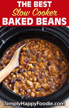 the best slow cooker baked beans in a crock pot with text overlay