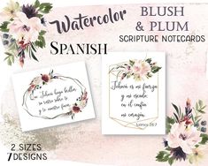 watercolor flowers and leaves with spanish words on them for use in cards, envelopes or crafts