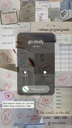 a collage of notes and numbers with the words go study coming up on them