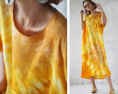 Vintage yellow tie dye free fit ankle length kaftan maxi dress. No closure, no lining. No tags. Measured laying flat (double for circumference): 47'' / 120 cm long 26'' / 66 cm width seam to seam Very good vintage condition. Flowy Spring Maxi Dress With Natural Dye, Flowy Natural Dye Maxi Dress For Spring, Yellow Relaxed Fit Dress For Summer, Summer Tie-dye Maxi Dress With Natural Dye, Summer Tie-dye Natural Dye Maxi Dress, Summer Tie Dye Maxi Dress With Natural Dye, Summer Maxi Dress With Natural Dye, Casual Maxi Dress In Natural Dye For Summer, Casual Summer Maxi Dress With Natural Dye