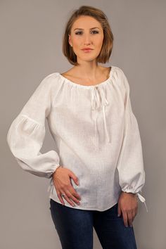 "Linen, peasant style long sleeved blouse. The neck and sleeves bottom pulled with linen tape. Blouse center back length - 60cm ( 23,6\") You will feel free, fresh and comfortable with this blouse in hot summer day and in autumn time also. Linen fabric is prewashed and softened before making and don't shrink any more. For this item I recommend delicate handwash machine program with gentle detergents and no bleachers, delicte drying, if needed iron while damp. This item made to order average in t Pioneer Clothing, Oversize Blouse, White Peasant Blouse, Peasant Shirt, Linen Shirts Women, Perfect Blouse, Womens Blouses, Peasant Style, Oversized Blouse