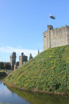 an old castle with a flag on top and water in the foreground, next to a grassy hill