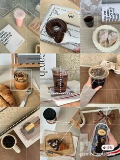 the collage shows coffee, pastries, and other items in different pictures with words on them