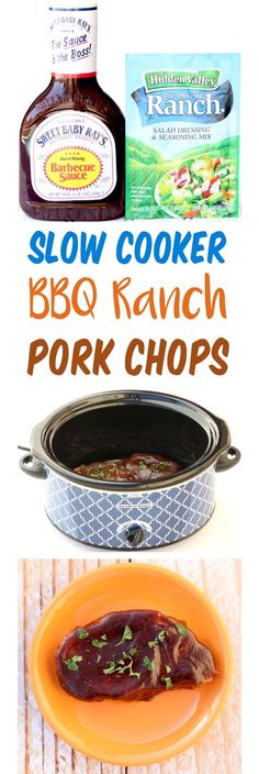 slow cooker bbq ranch pork chops recipe is shown with the title below