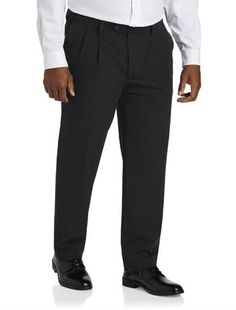 The same great fit and style you love from our best-selling Gold Series, now under a new label. Exclusively available at DXL in sizes that fit and flatter the Big and T​all man, these classic dress pants have been redesigned with a more modern style and updated measurements to ensure little to no alterations. The classic pleated style has a bit of stretch and a lustrous sheen for a more dressy, contemporary look. Hidden expandable Waist-Relaxer insets add up to four inches and the 32" inseam ​ca Black Relaxed Fit Dress Pants For Formal Occasions, Classic Black Pleated Pants, Classic Black Relaxed Fit Dress Pants, Black Pleated Bottoms For Business Casual, Tailored Black Pleated Pants, Classic Formal Bottoms For Big And Tall, Black Straight Leg Pleated Pants, Classic Formal Big And Tall Bottoms, Black Straight-leg Pleated Pants