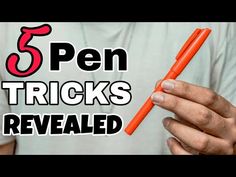 a person holding an orange pen with the words 5 pen tricks revealed in front of them