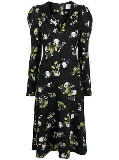 floral-print midi dress from ERDEM featuring black/multicolour, all-over floral print, V-neck, long sleeves, mid-length and straight hem. Yoke Design, Peplum Midi Dress, Purple Midi Dress, Denim Midi Dress, Printed Cotton Dress, Floral Print Midi Dress, Puff Sleeve Dresses, Floral Dresses, Vestido Casual