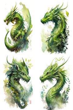 four green dragon illustrations on white paper with watercolor paint effect and brush strokers