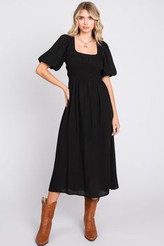 Black Square Neck Midi Dress– PinkBlush Square Neck Puff Sleeve Dress With Elastic Sleeves, Casual Midi Dress With Gathered Sleeves And Square Neck, Summer Square Neck Smocked Dress With Elastic Sleeves, Square Neck Smocked Dress With Elastic Sleeves For Brunch, Square Neck Smocked Dress For Brunch, Solid Color Midi Dress With Smocked Bodice, Square Neck Midi Dress With Smocked Bodice, Solid Color Smocked Bodice Midi Dress With Short Sleeves, Chic Smocked Dress With Gathered Short Sleeves