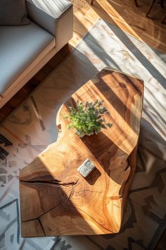 Unique wooden coffee table in a sunlit modern farmhouse living room, showcasing innovative design and natural beauty. Modern Farmhouse Living Room Furniture, Modern Farmhouse Living, Modern Farmhouse Living Room