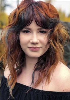 Fall Hair Colors Pixie Cut, Color Blocking Shag Hair, Ginger Hair With Black Tips, Colour Block Shag Hair, Goth Copper Hair, Ginger Mullet, Ginger And Black Hair, Edgy Orange Hair, Alternative Hair Color Ideas