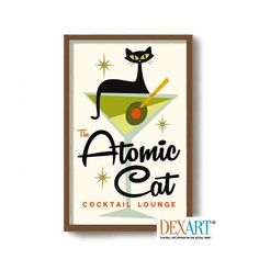 a sign that says atomic cat cocktail lounge with a black cat sitting on top of it