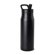 a black stainless steel water bottle on a white background with the lid open and handle extended