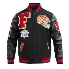 NFL SAN FRANCISCO 49ERS MASHUP MEN´S RIB WOOL VARSITY JACKET (BLACK/RE Black Varsity Jacket For Game Day In Winter, Urban Varsity Jacket For Game Day In Fall, Winter Varsity Jacket With Baseball Collar For Fans, Black Winter Varsity Jacket For Game Day, Black Long Sleeve Outerwear For Game Day, Black Varsity Jacket For Game Day In Fall, Black Long Sleeve Varsity Jacket For Baseball Season, Black Outerwear For Game Day, Casual Black Outerwear For Game Day