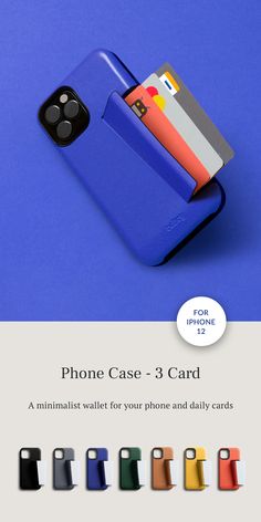 an iphone case - 3 card is shown with four different colors and options to choose from